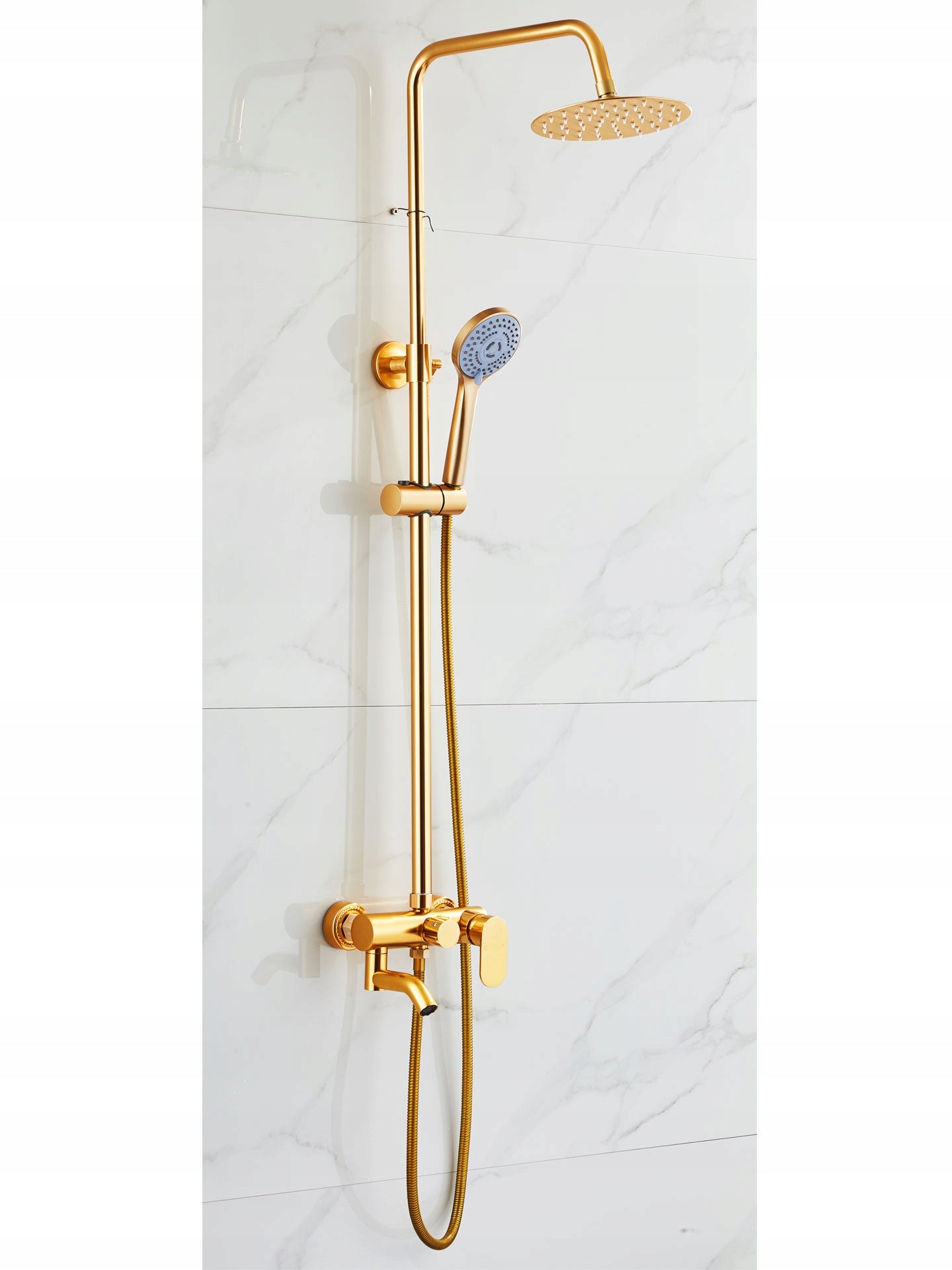 Auksinis Dušo Komplektas, Stulpas, Maišytuvas, Lietaus Galvutė, Dušelis 1,5m, Loft, CE