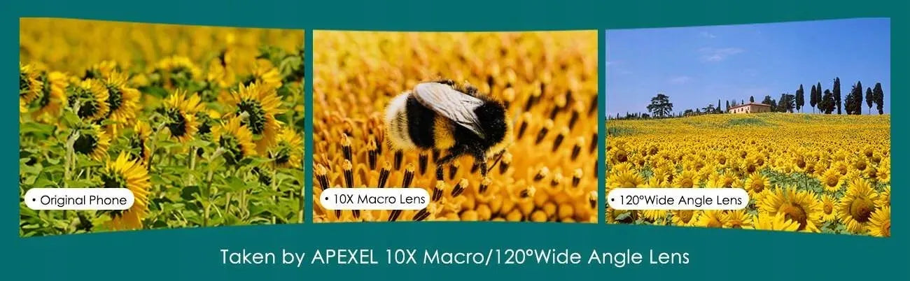 2in1 „Apexel“ telefono objektyvų rinkinys: 10x „Makro“ ir 120° plataus kampo