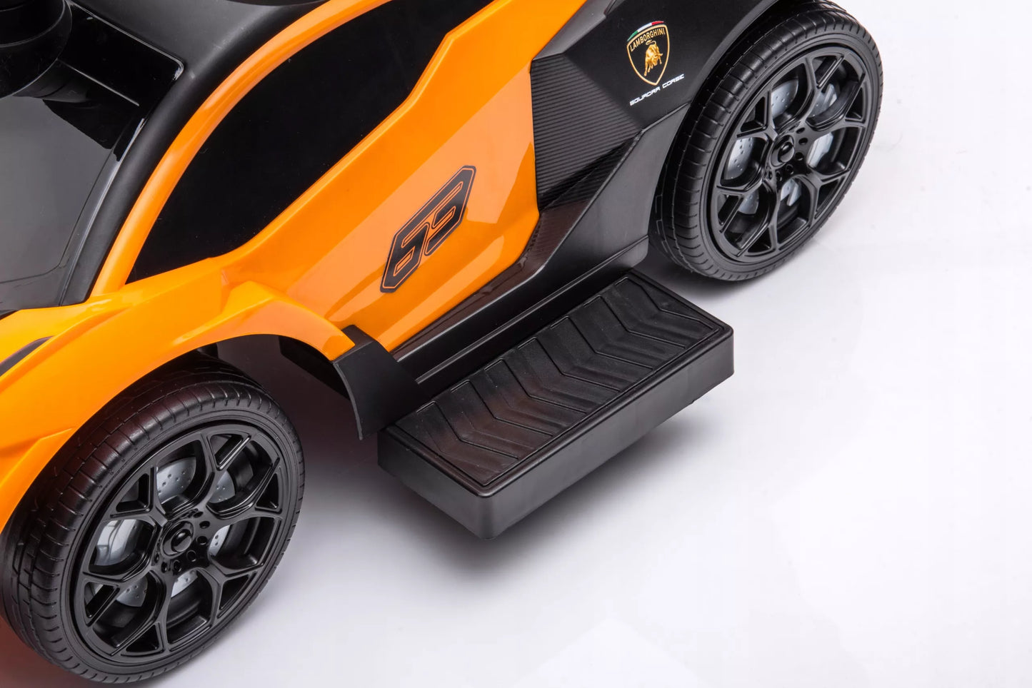 Vaikiškas paspiriamas automobilis su rankena LAMBORGHINI 3in1, žaislinis automobilis, sėdynė iš ekoodos