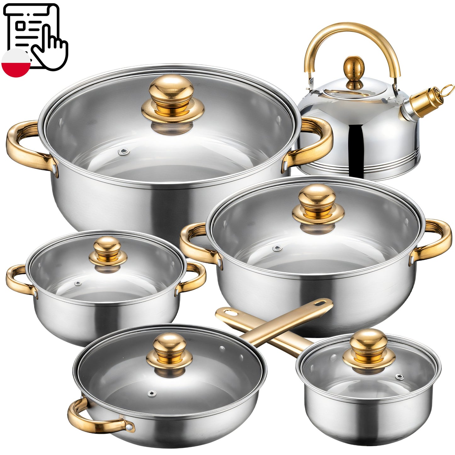 11 VIENETŲ VIRTUVĖS PUODŲ KOMPLEKTAS DUJOMS, INDUKCIJAI, ARBATINUKAS, KEPTUVĖ + DANGČIAI