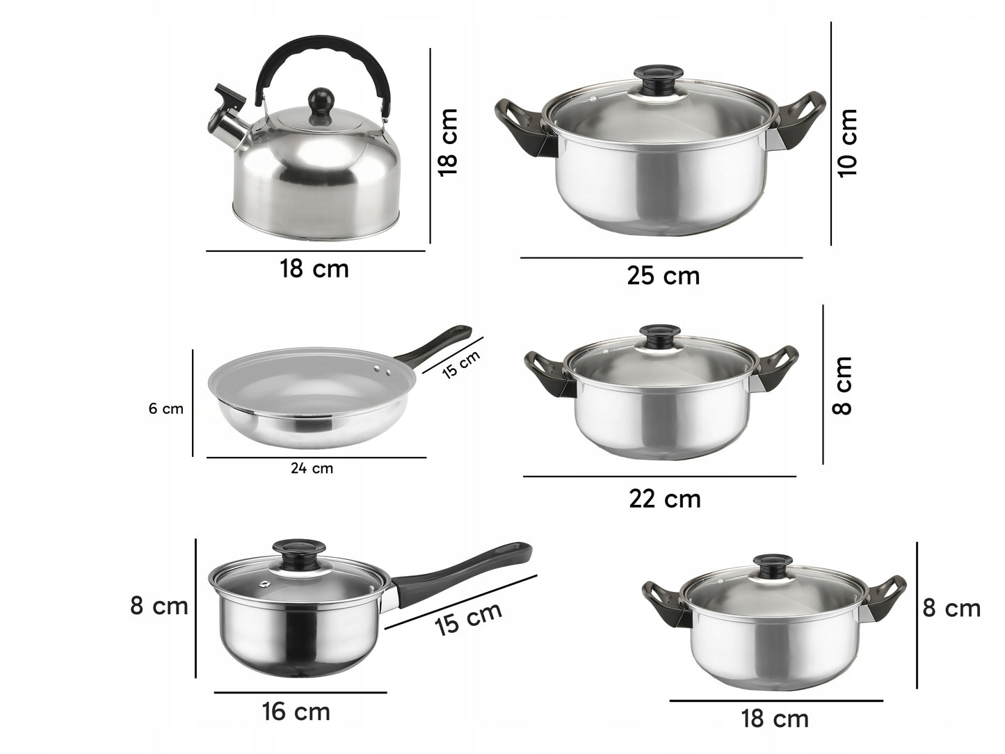 11 VIENETŲ VIRTUVĖS PUODŲ KOMPLEKTAS DUJOMS, INDUKCIJAI, ARBATINUKAS, KEPTUVĖ + DANGČIAI