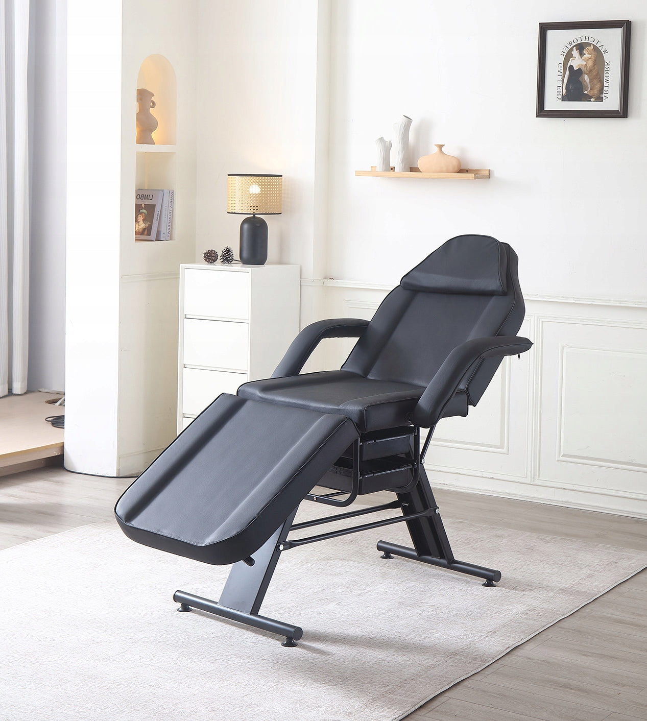 Grožio procedūrų fotelis su padėklais, juodas, SPA lova, tatuiruotėms