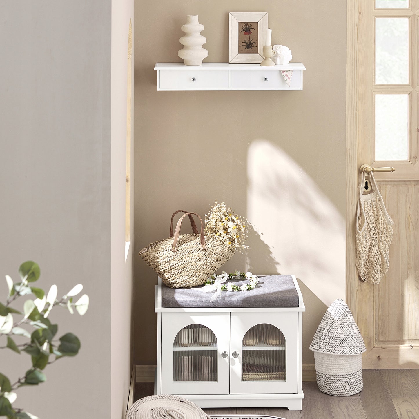 Sobuy Baltas sieninis pakabinamas su 2 stalčiais lentynų stovas svetainei FRG43-W