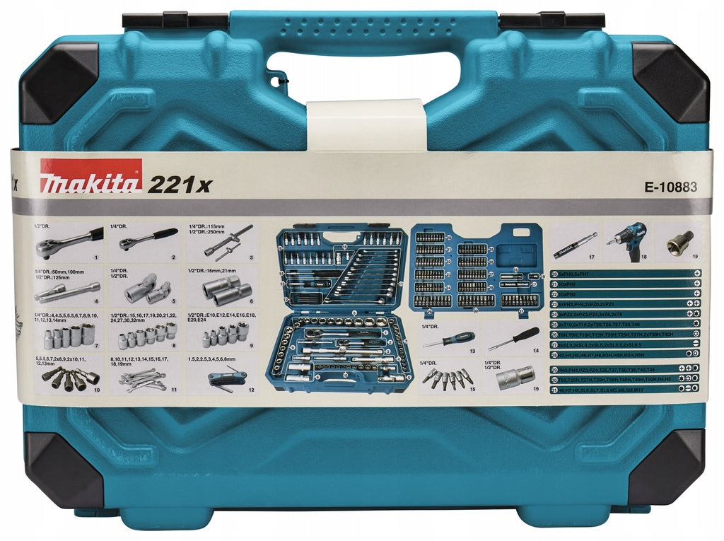 Makita Rankinių įrankių rinkinys E-10883 Lizdiniai veržliarakčiai, antgaliai, 221 vnt.
