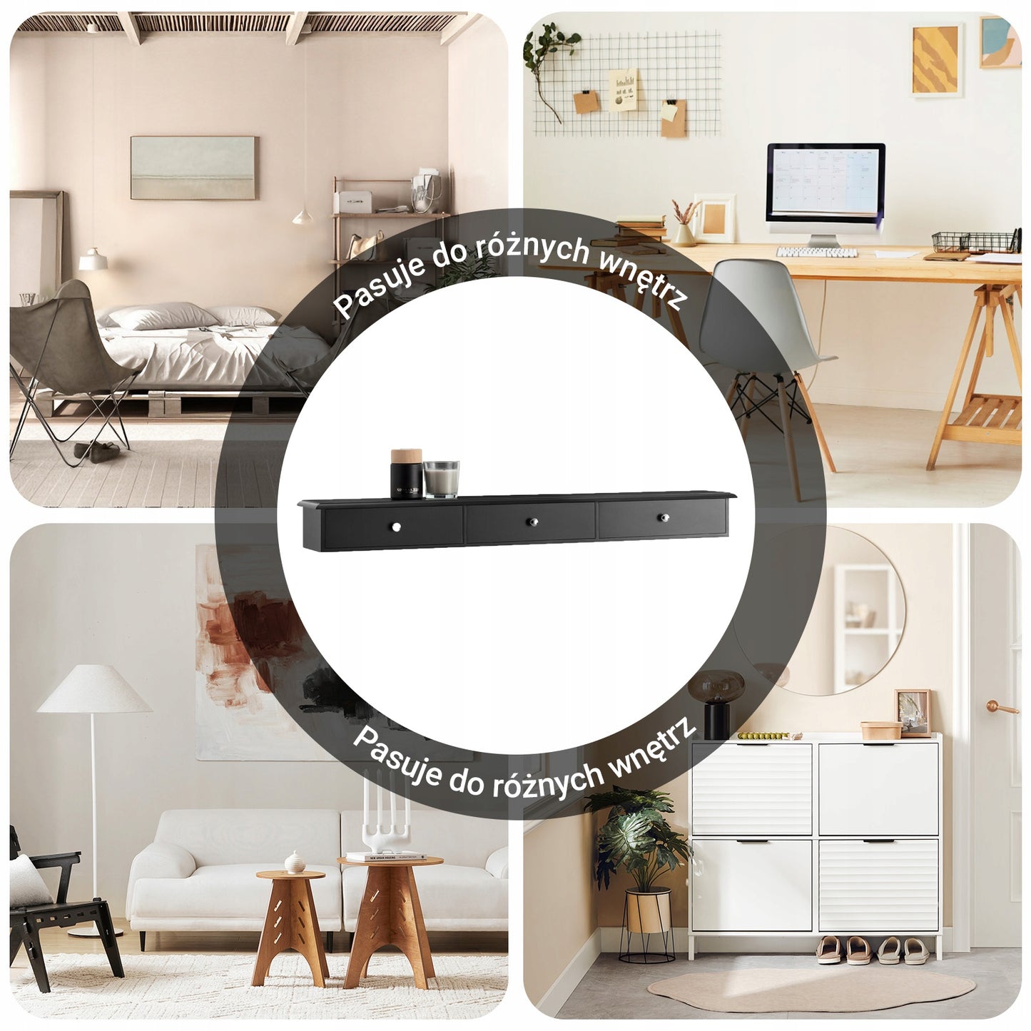 Sobuy Sieninė pakabinama lentyna su 3 stalčiais, miegamojo lentyna FRG43-L-SCH