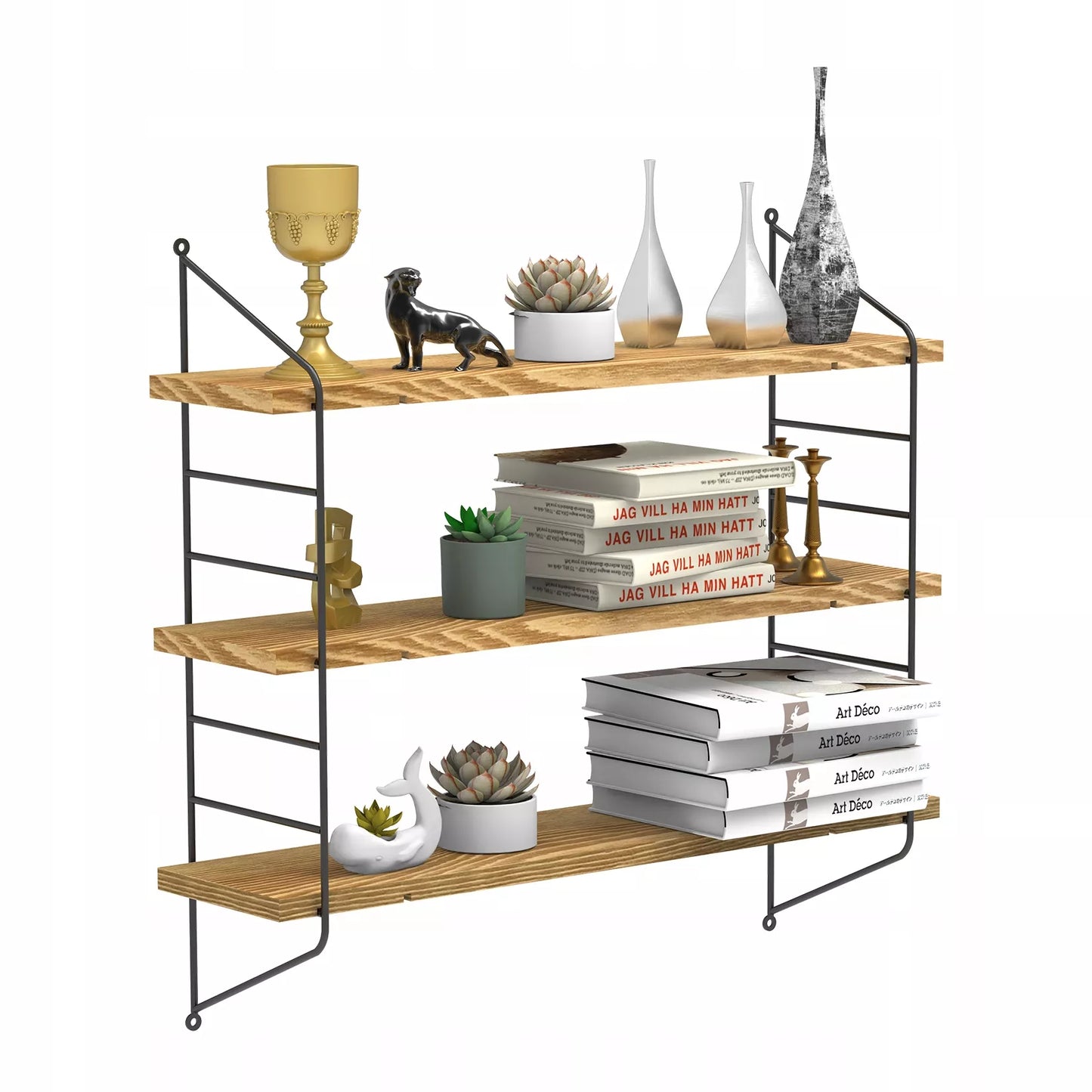 Juoda metalinė loft stiliaus kabanti lentyna svetainei ant sienos