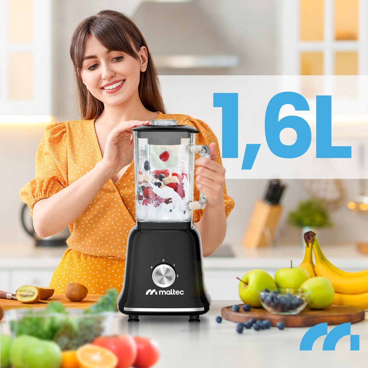 Stiklinis maišytuvas kokteiliams ir glotnučiams, malūnėlis, 2 buteliukai, didelis 1600 ml