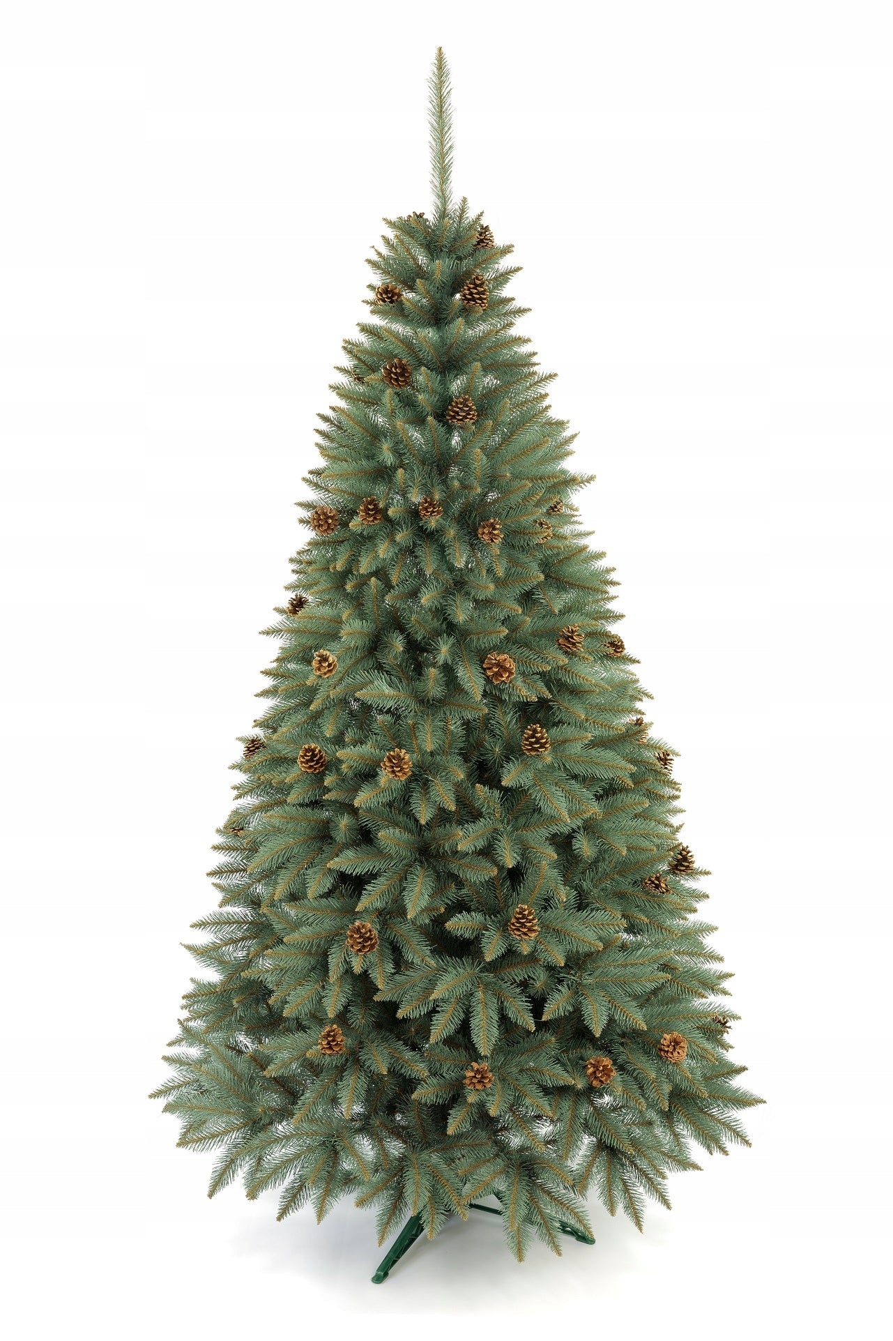 Graži, tanki dirbtinė eglė Sidabrinis eglės modelis su natūraliomis kankorėžiais 220 cm