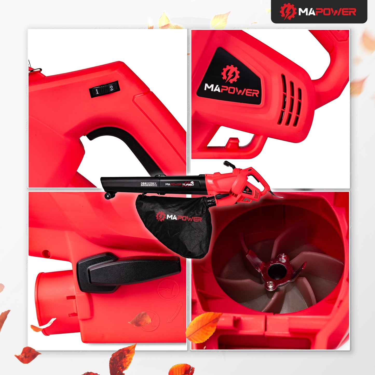 Elektrinis lapų pūstuvas su smulkintuvu, lapų siurblys 3in1, 3000W