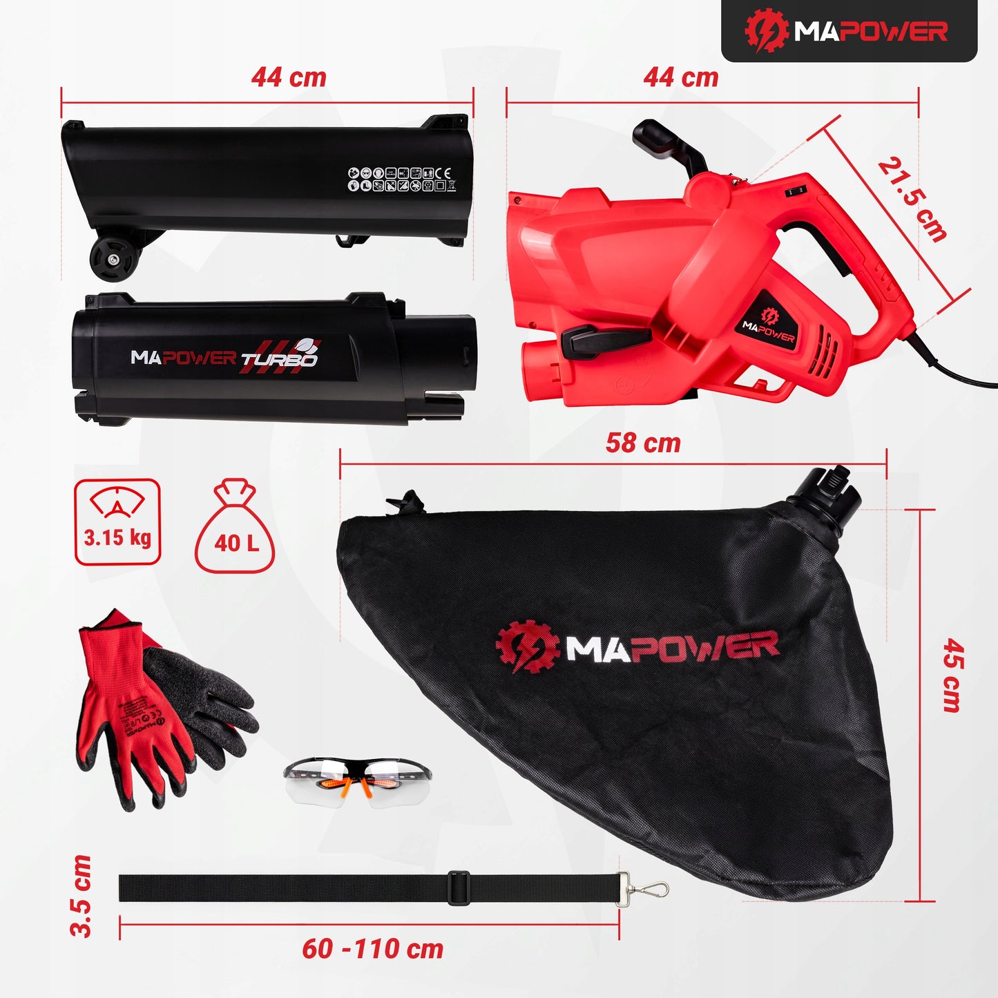 Elektrinis lapų pūstuvas su smulkintuvu, lapų siurblys 3in1, 3000W