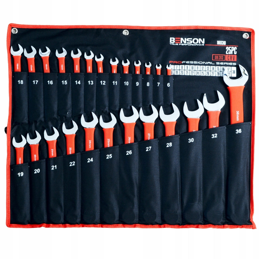 Didelis plokščių raktų komplektas su guminėmis rankenomis 6-36mm, 25 vnt., kilimėlis BENSON BY BLACK