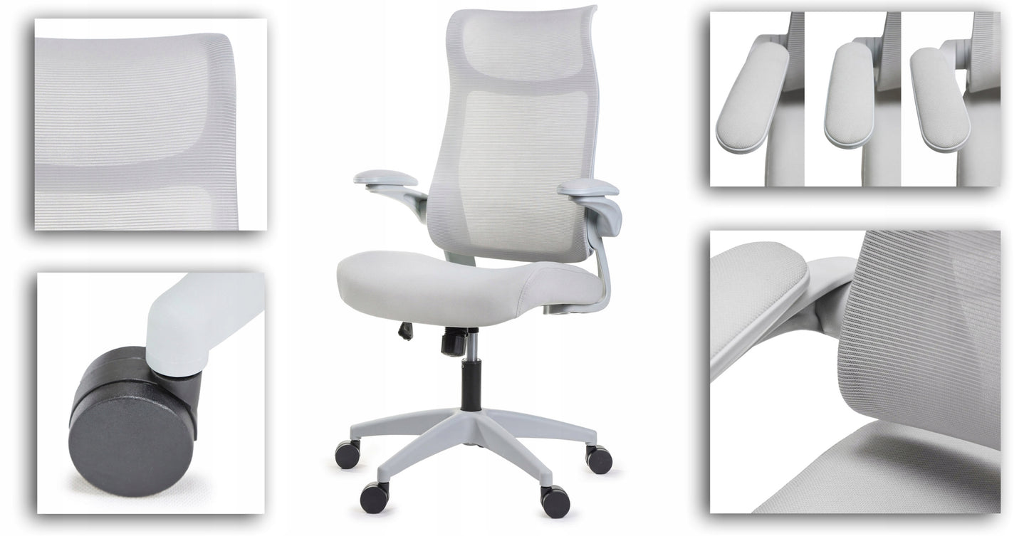 Ergonomiškas pilkas biuro krėslas FHX011, reguliuojami porankiai, darbo sauga, pilkas