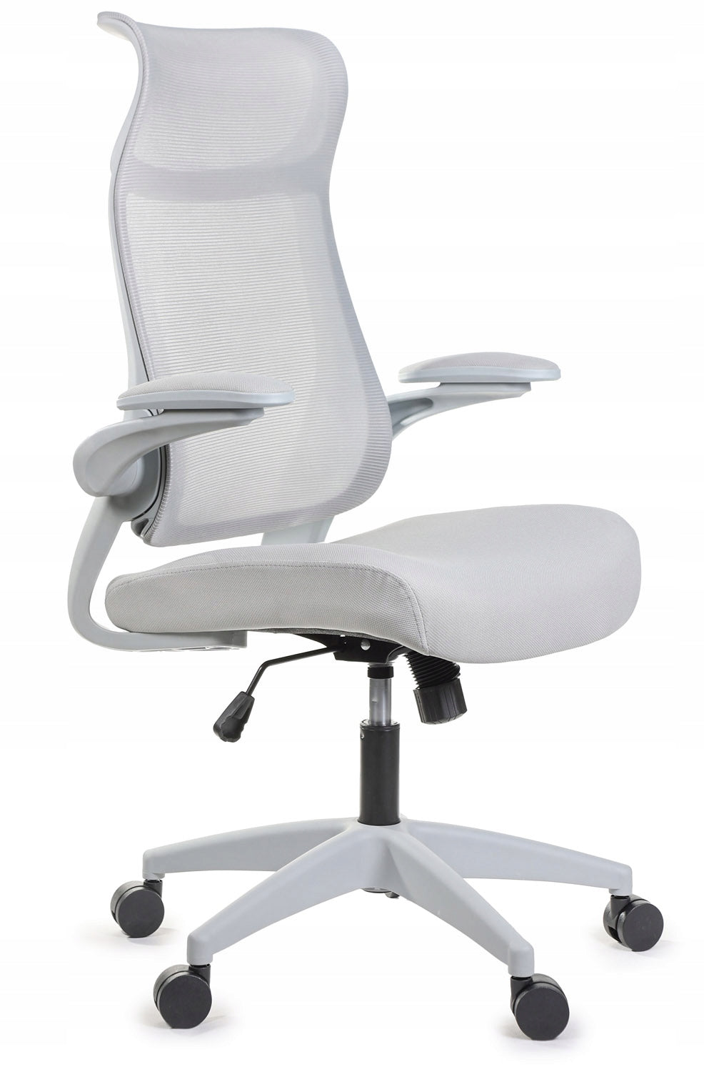 Ergonomiškas pilkas biuro krėslas FHX011, reguliuojami porankiai, darbo sauga, pilkas