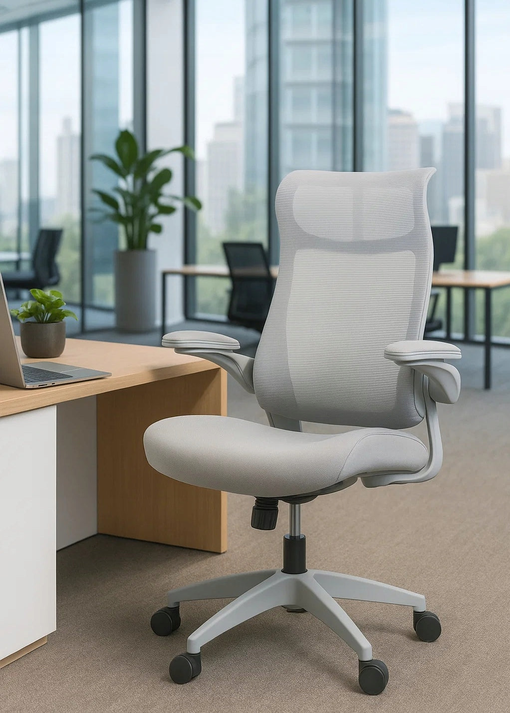 Ergonomiškas pilkas biuro krėslas FHX011, reguliuojami porankiai, darbo sauga, pilkas