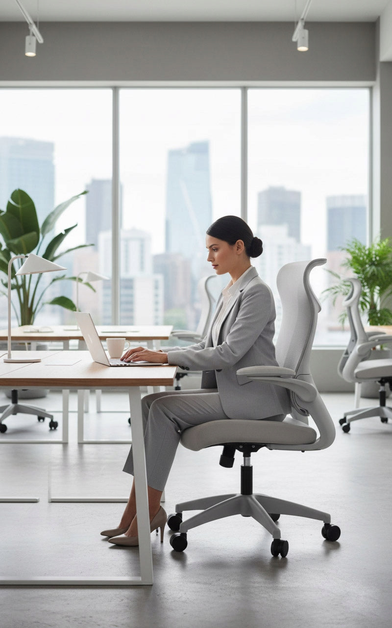 Ergonomiškas pilkas biuro krėslas FHX011, reguliuojami porankiai, darbo sauga, pilkas