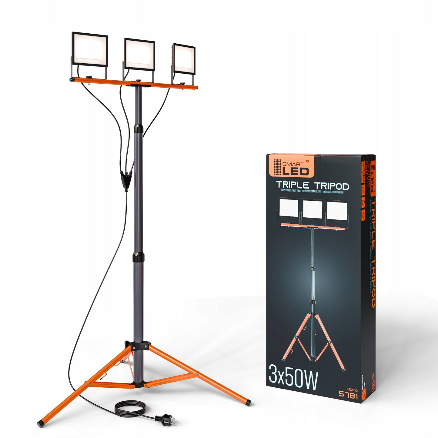 LED Halogeninis statybinis prožektorius 3x 50W 16500lm šviestuvas ant stovo