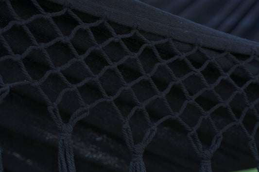 SANTIA dvivietė boho sodo hamakas su kutais ir POTENZA skersiniais