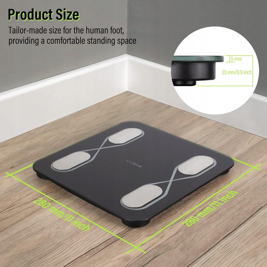 Išmaniosios vonios svarstyklės su kūno riebalų matavimu, KMI, Bluetooth, juodos