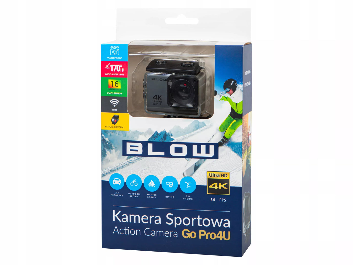 Sportinė kamera BLOW GoPro4U 4K WiFi USB su vandeniui atspariu dėklu ir priedų rinkiniu