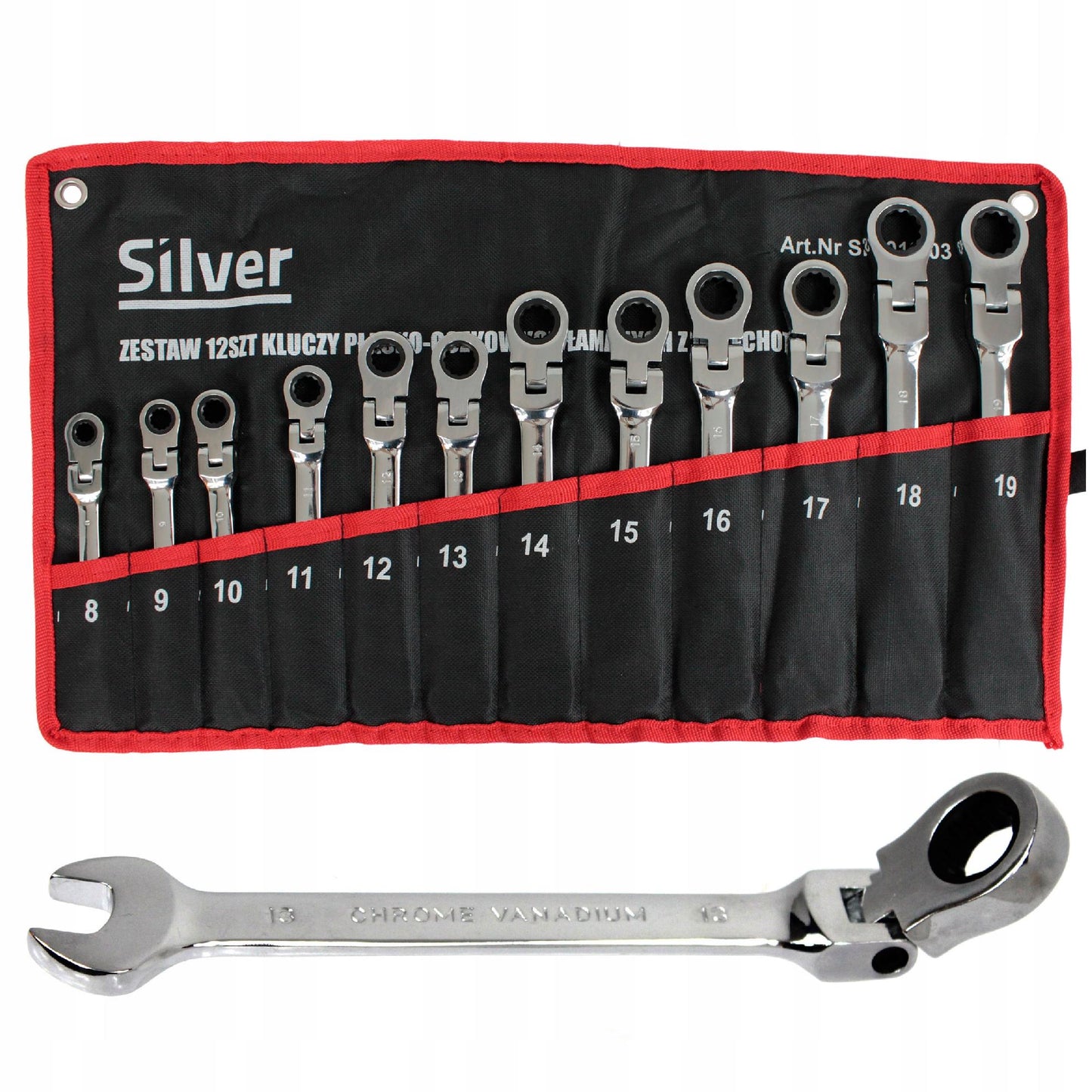 Kombinuoti lankstiniai raktai su terkšle 8-19mm, 12 vnt. rinkinys