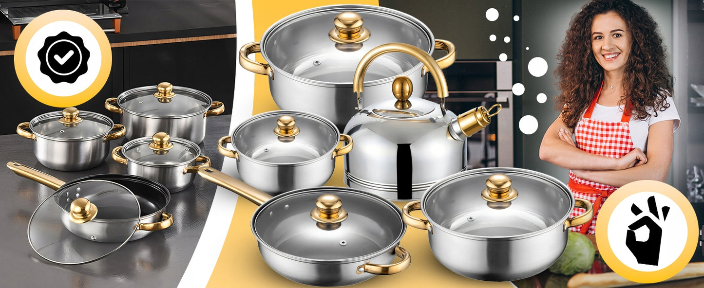 11 VIENETŲ VIRTUVĖS PUODŲ KOMPLEKTAS DUJOMS, INDUKCIJAI, ARBATINUKAS, KEPTUVĖ + DANGČIAI