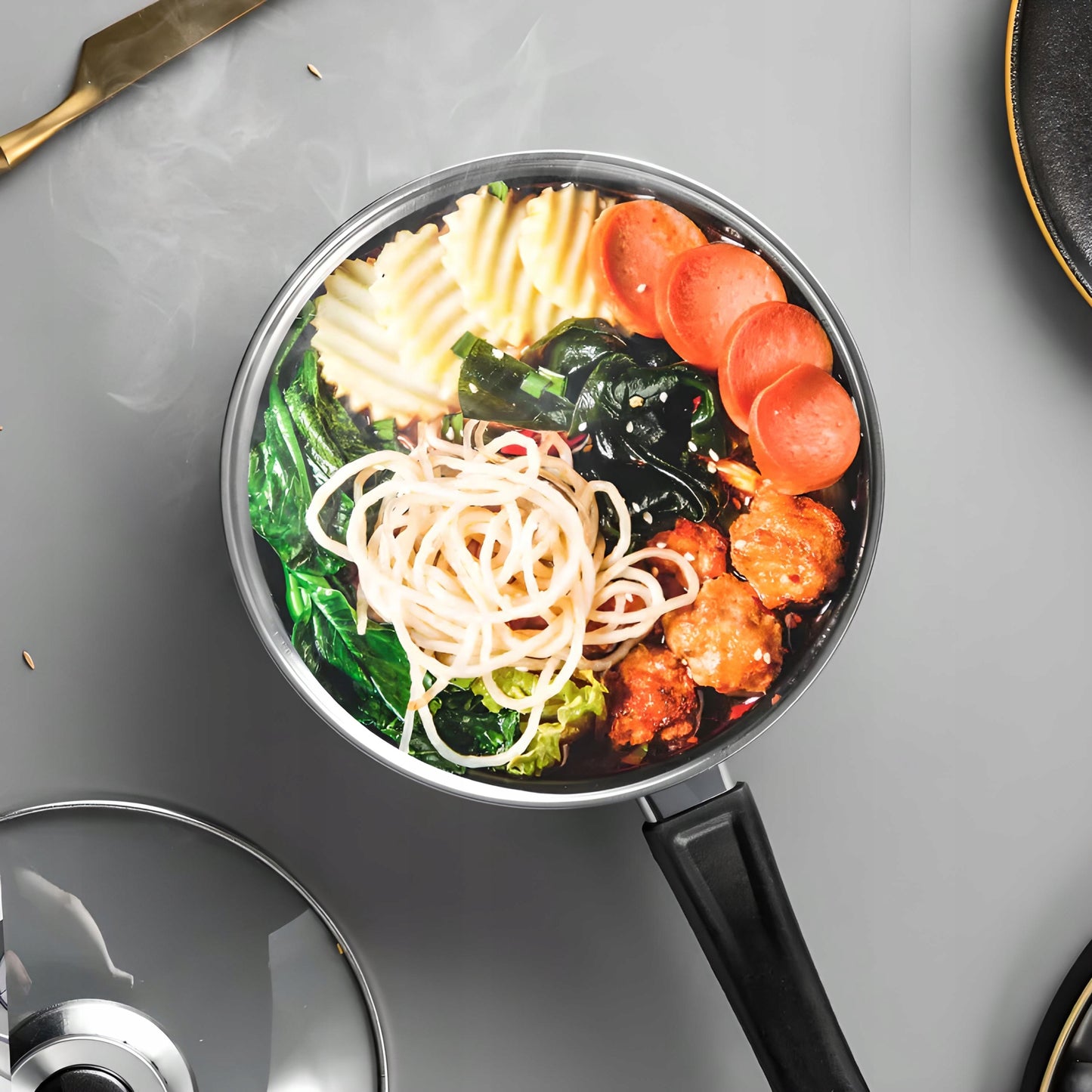 12 vnt. plieninių virtuvės puodų ir keptuvės komplektas su dangteliais