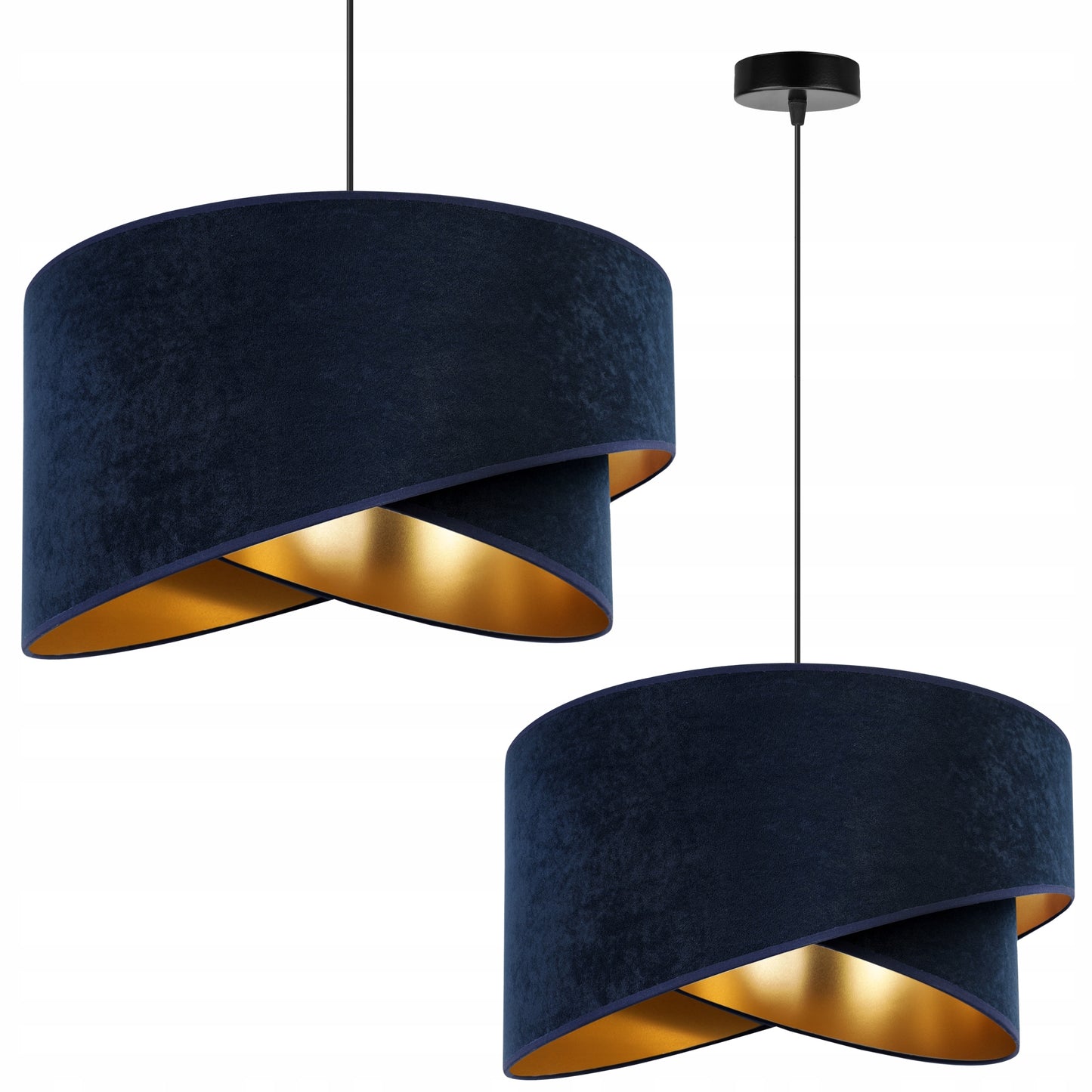 Pakabinamas lubinis šviestuvas Liustra, tamsiai mėlynas, auksiniu aksominiu gaubtu