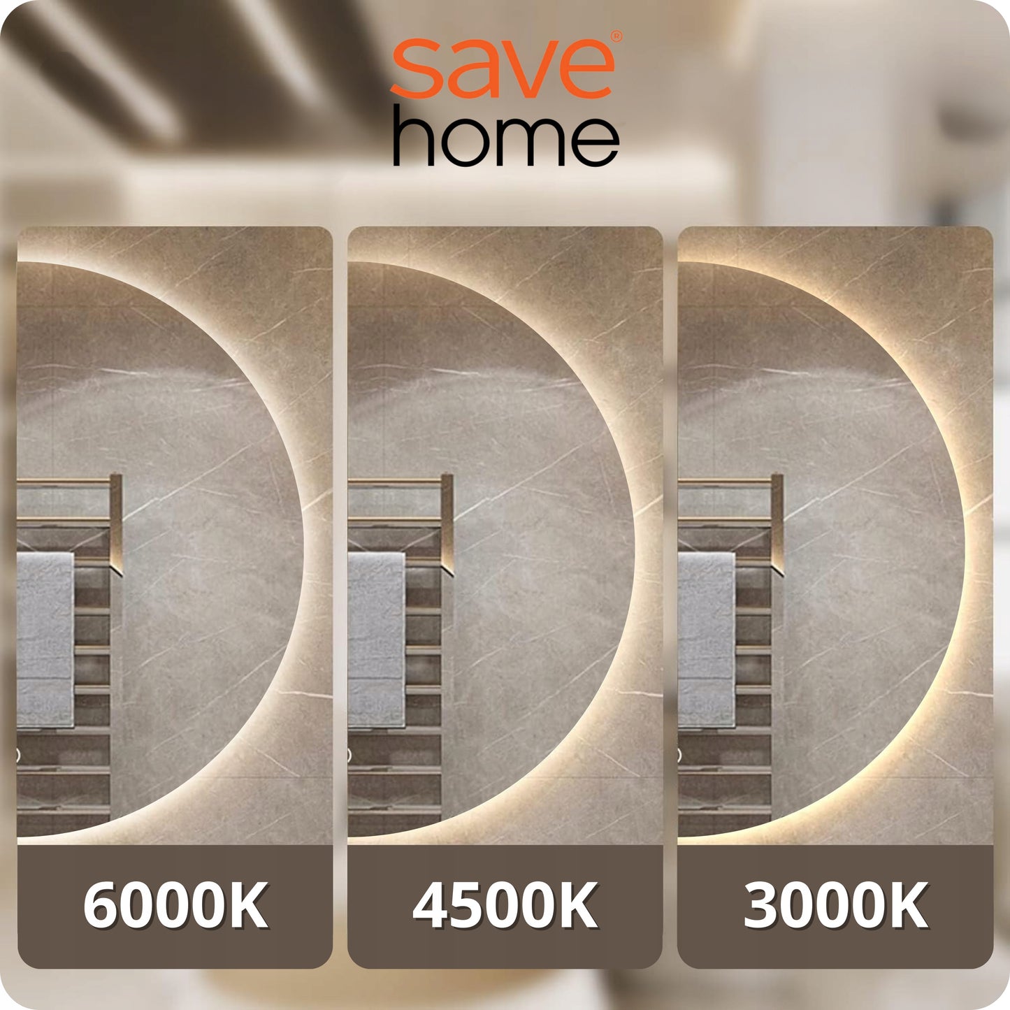 Apvalus 60 cm LED vonios veidrodis su lietimo jungikliu, apsauga nuo rasojimo ir 3 spalvų apšvietimu.