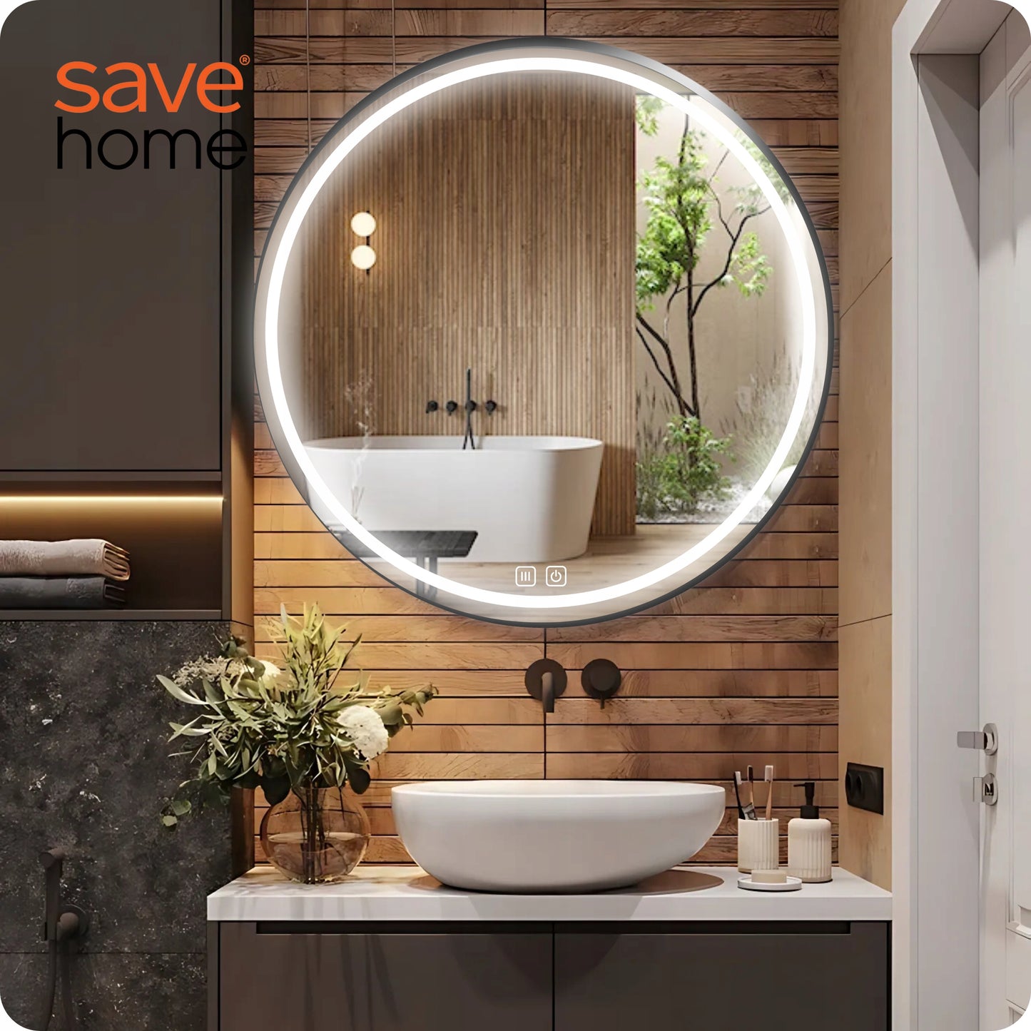 Vonios veidrodis LED 60 cm apvalus apšviestas lietimui jautrus nerasojantis 3 spalvų