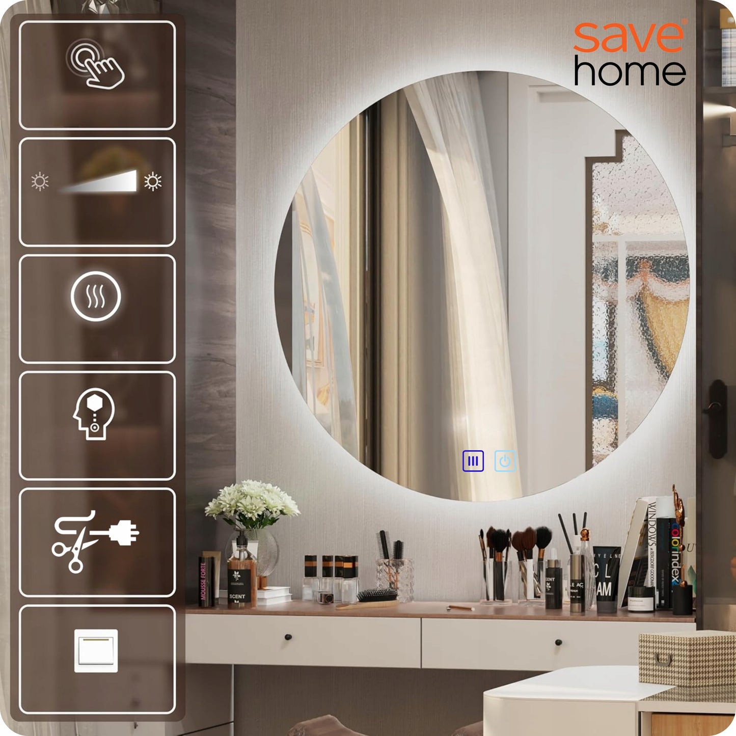 Apvalus LED vonios veidrodis 80 cm, lietimui jautrus, su apsauga nuo rasojimo, 3 spalvų temperatūros