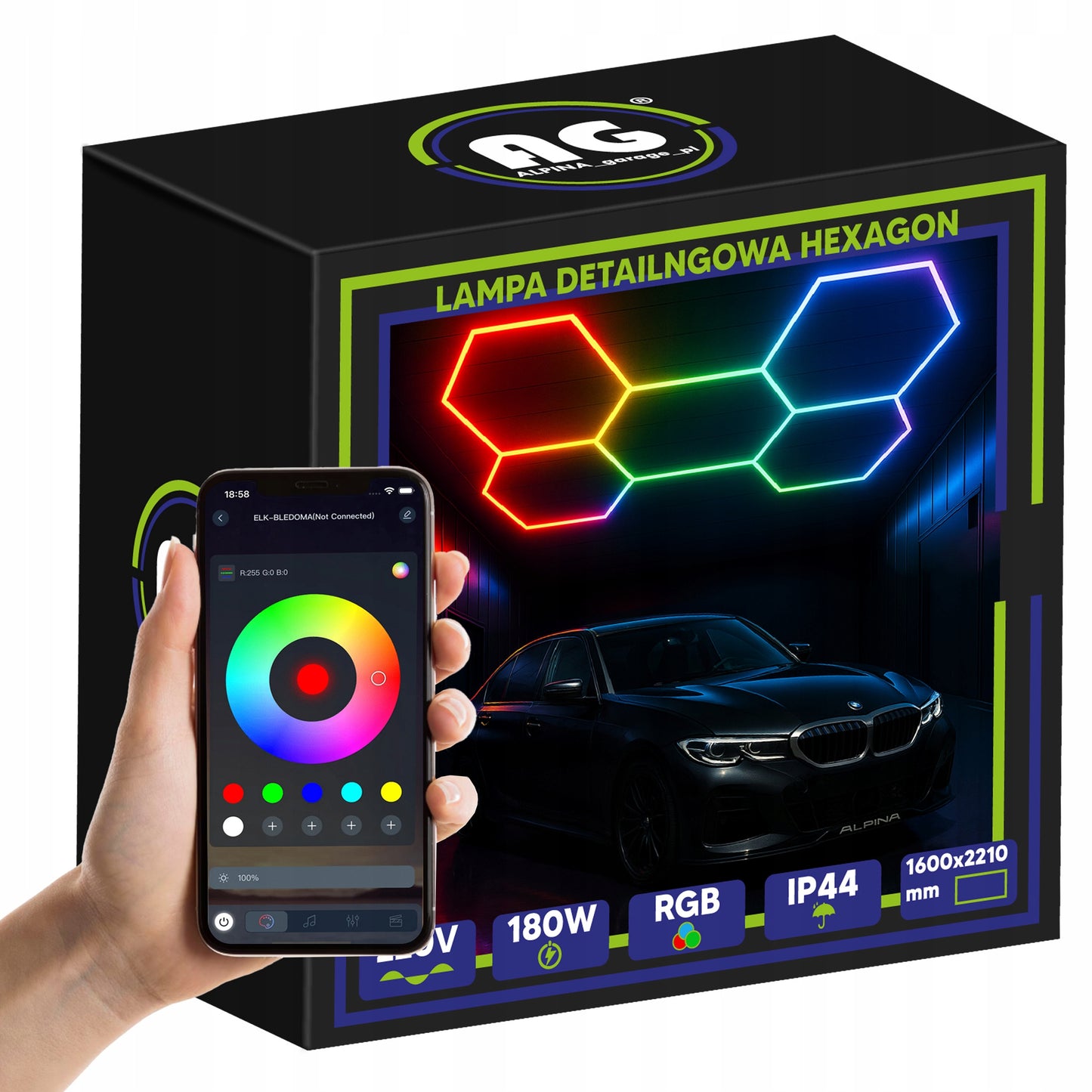 LED lempa HEXAGON RGB 180W Panelinis apšvietimas dirbtuvėms, namams + programėlės ir pultelio valdymas