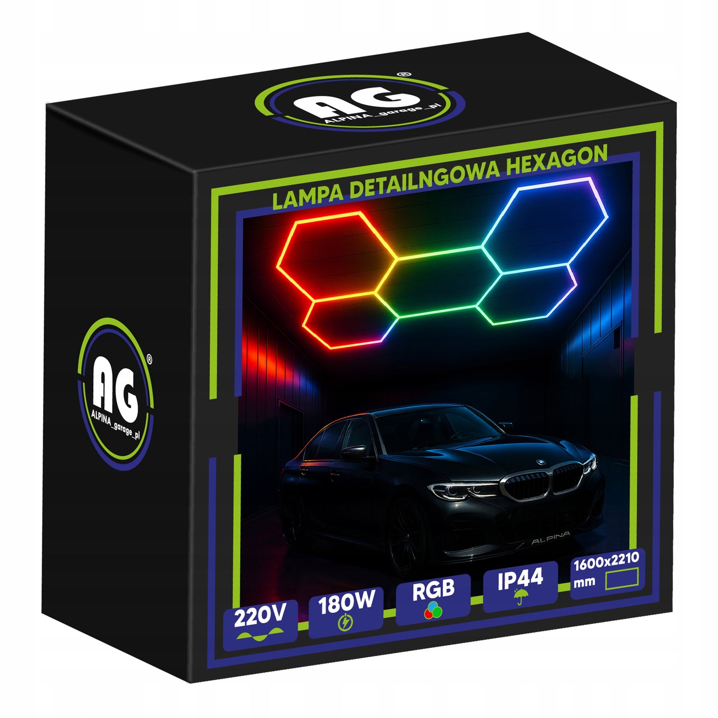 LED lempa HEXAGON RGB 180W Panelinis apšvietimas dirbtuvėms, namams + programėlės ir pultelio valdymas