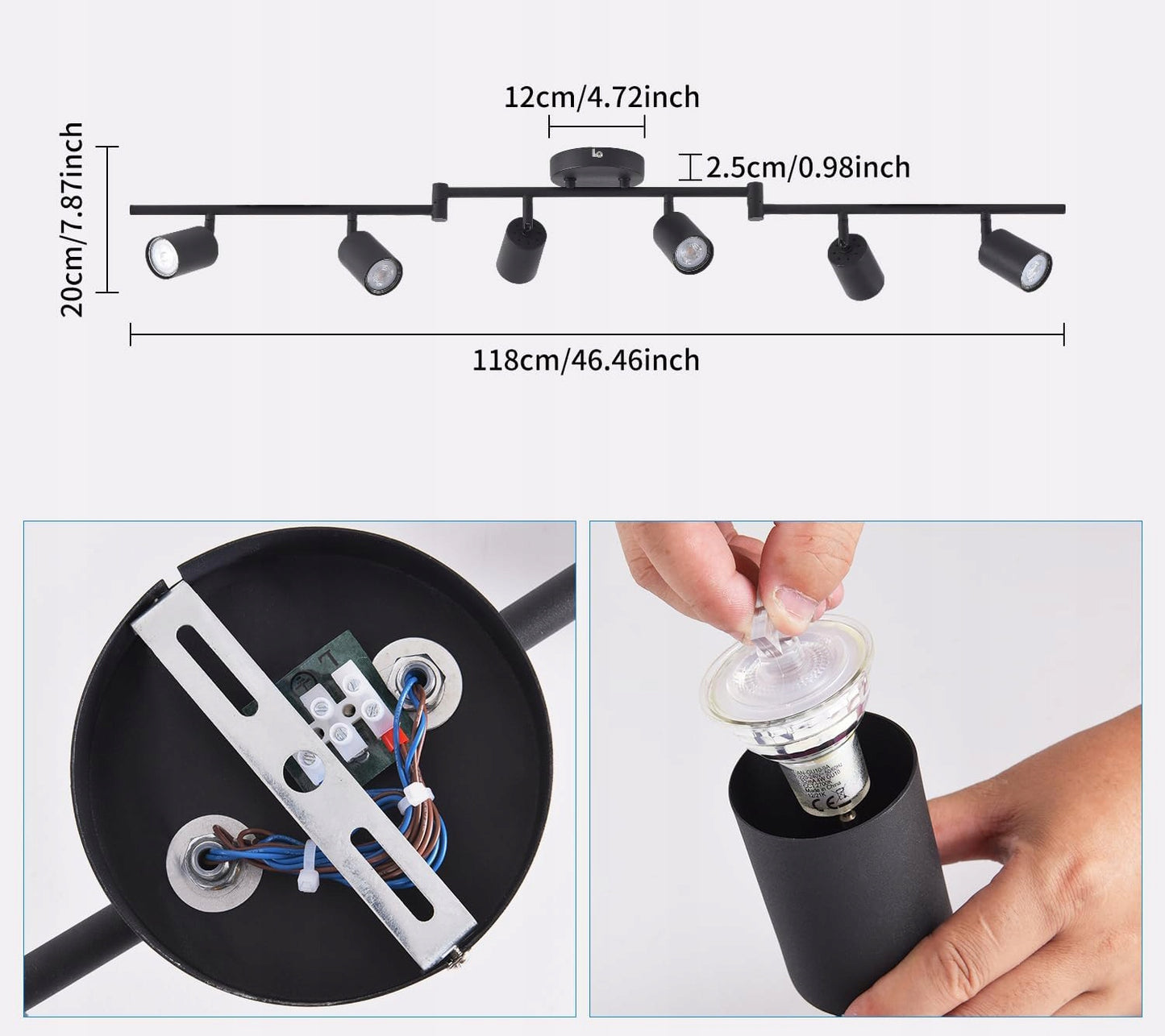 Lubinis sieninis šviestuvas su 6 GU10 halogeniniais taškiniais šviestuvais, virštinkinis SuperLED