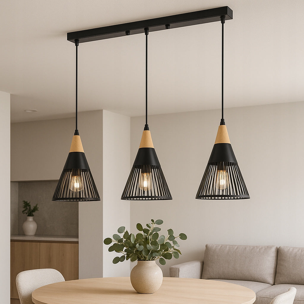 Pakabinamas lubinis LED šviestuvas, liustra, 3x E27, medinė LOFT tipo instaliacija
