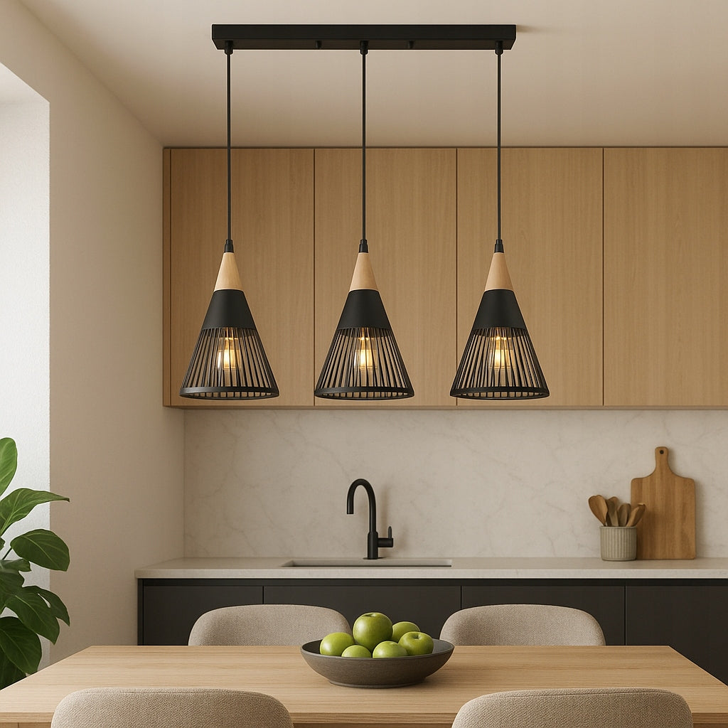 Pakabinamas lubinis LED šviestuvas, liustra, 3x E27, medinė LOFT tipo instaliacija