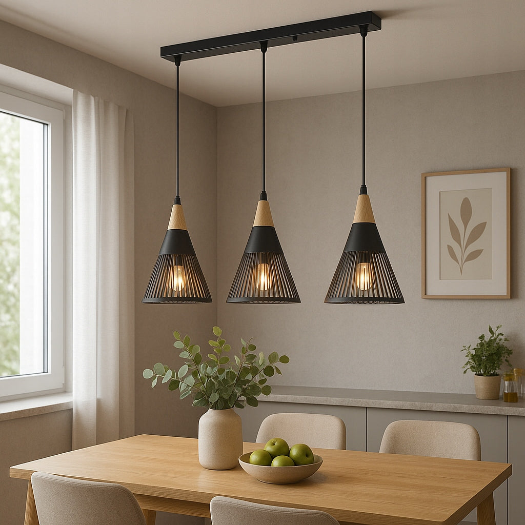 Pakabinamas lubinis LED šviestuvas, liustra, 3x E27, medinė LOFT tipo instaliacija