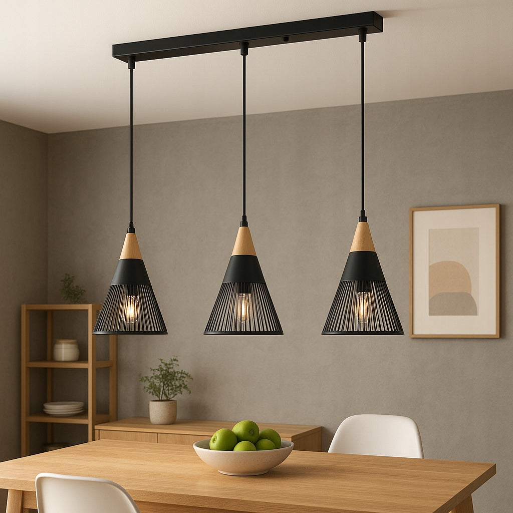 Pakabinamas lubinis LED šviestuvas, liustra, 3x E27, medinė LOFT tipo instaliacija