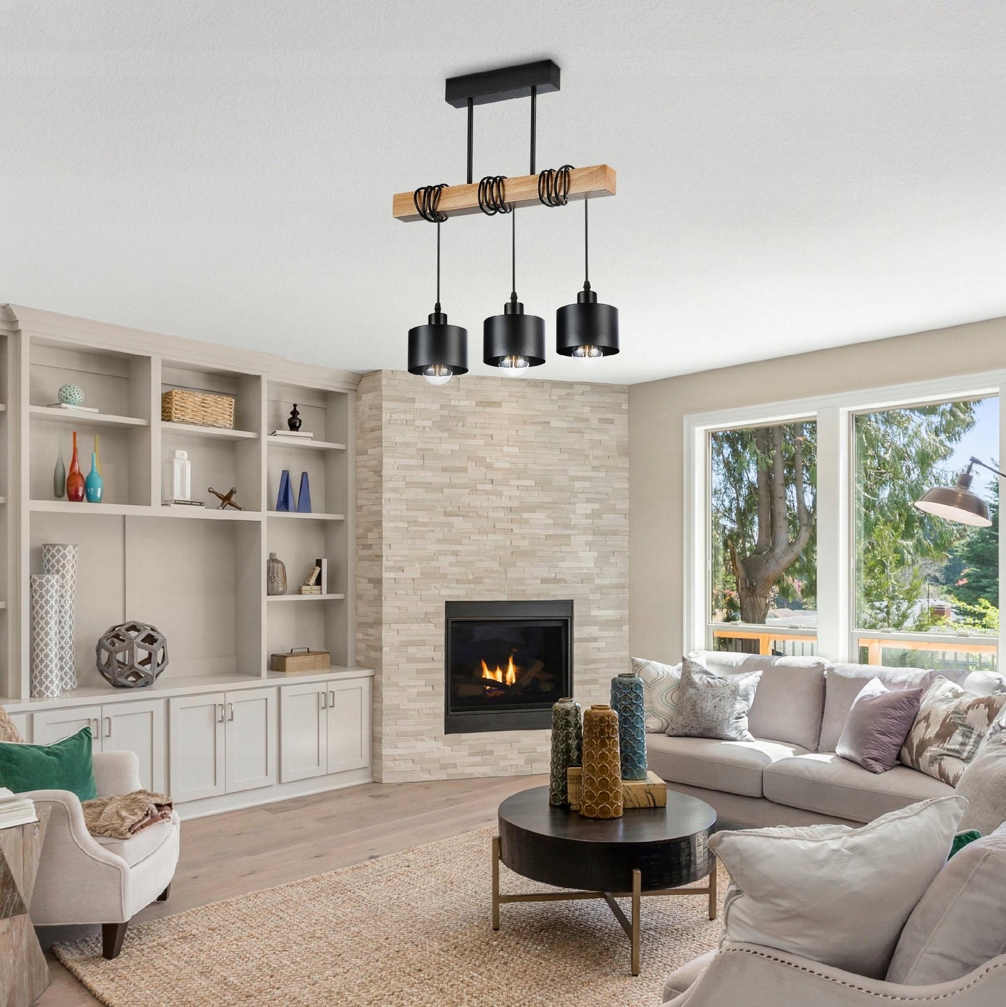 Pakabinamas lubinis šviestuvas LED, 3x E27, LOFT stiliaus, medinis ąžuolas