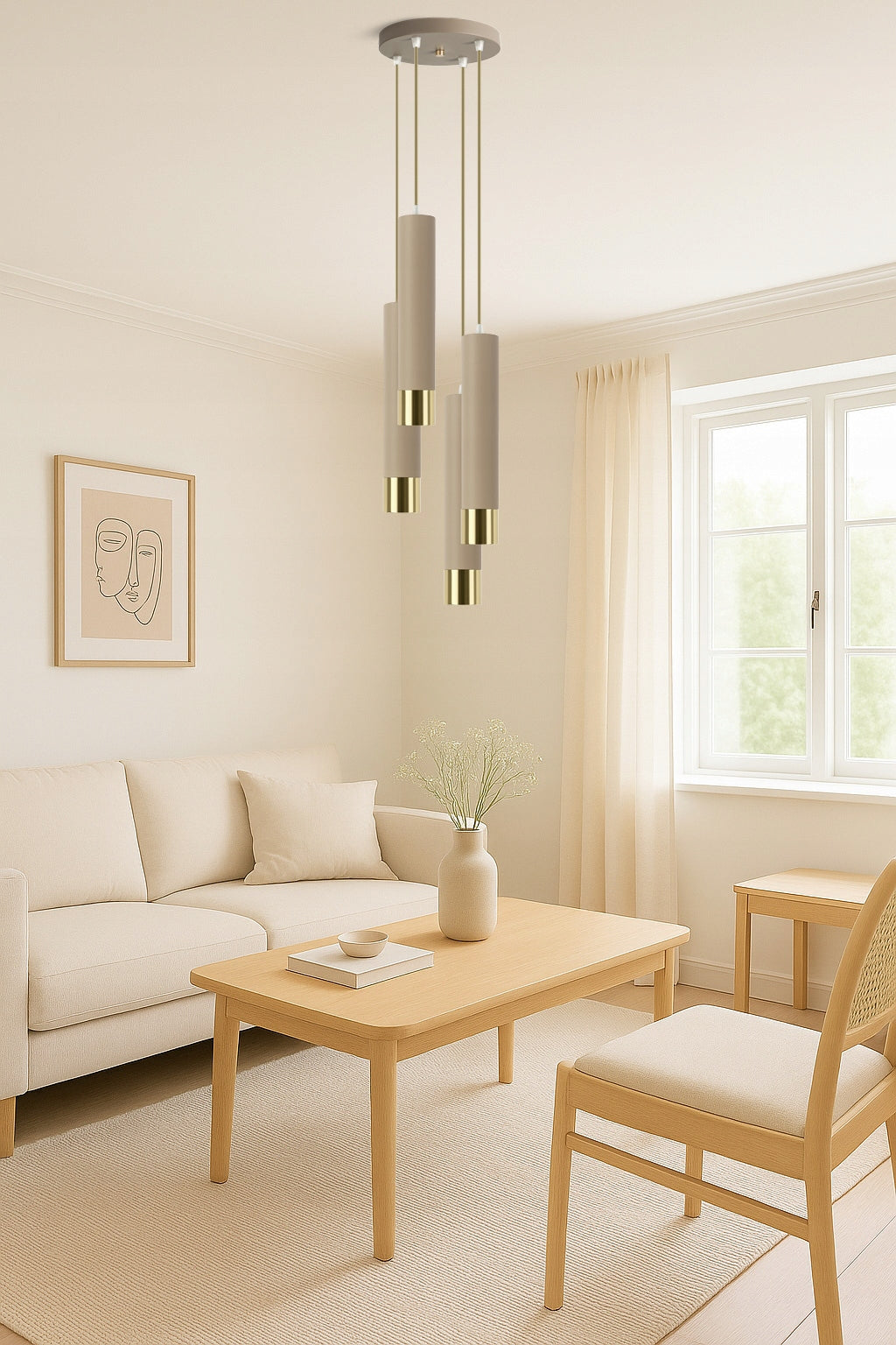 Pakabinamas lubos šviestuvas, vamzdeliai, Kašmyro smėlio spalvos, ekru, LED, virtuvei, svetainei, virš stalviršio