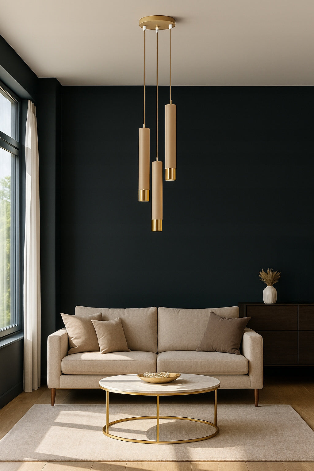 Pakabinamas lubinis šviestuvas vamzdelio formos Kašmyro Smėlio Ekru LED virtuvei, svetainei, virš stalviršio