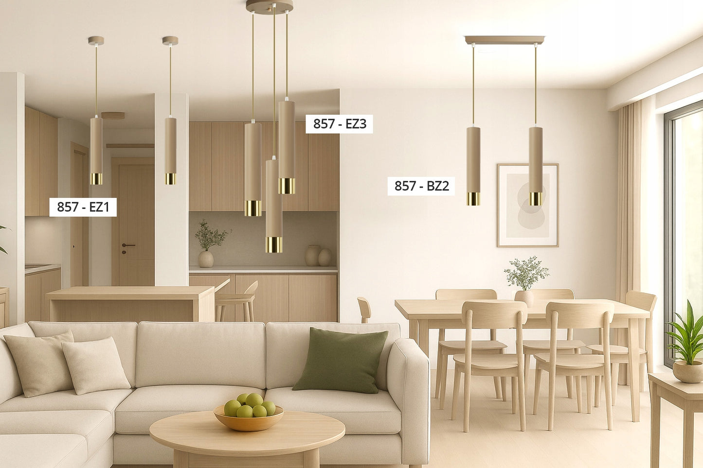 Pakabinamas lubos šviestuvas, vamzdeliai, Kašmyro smėlio spalvos, ekru, LED, virtuvei, svetainei, virš stalviršio