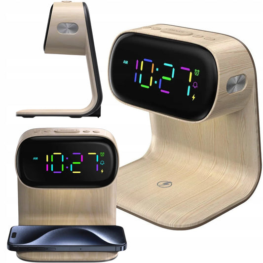 LED stalinė naktinė lemputė su Qi 15W belaidžiu įkrovikliu ir žadintuvu