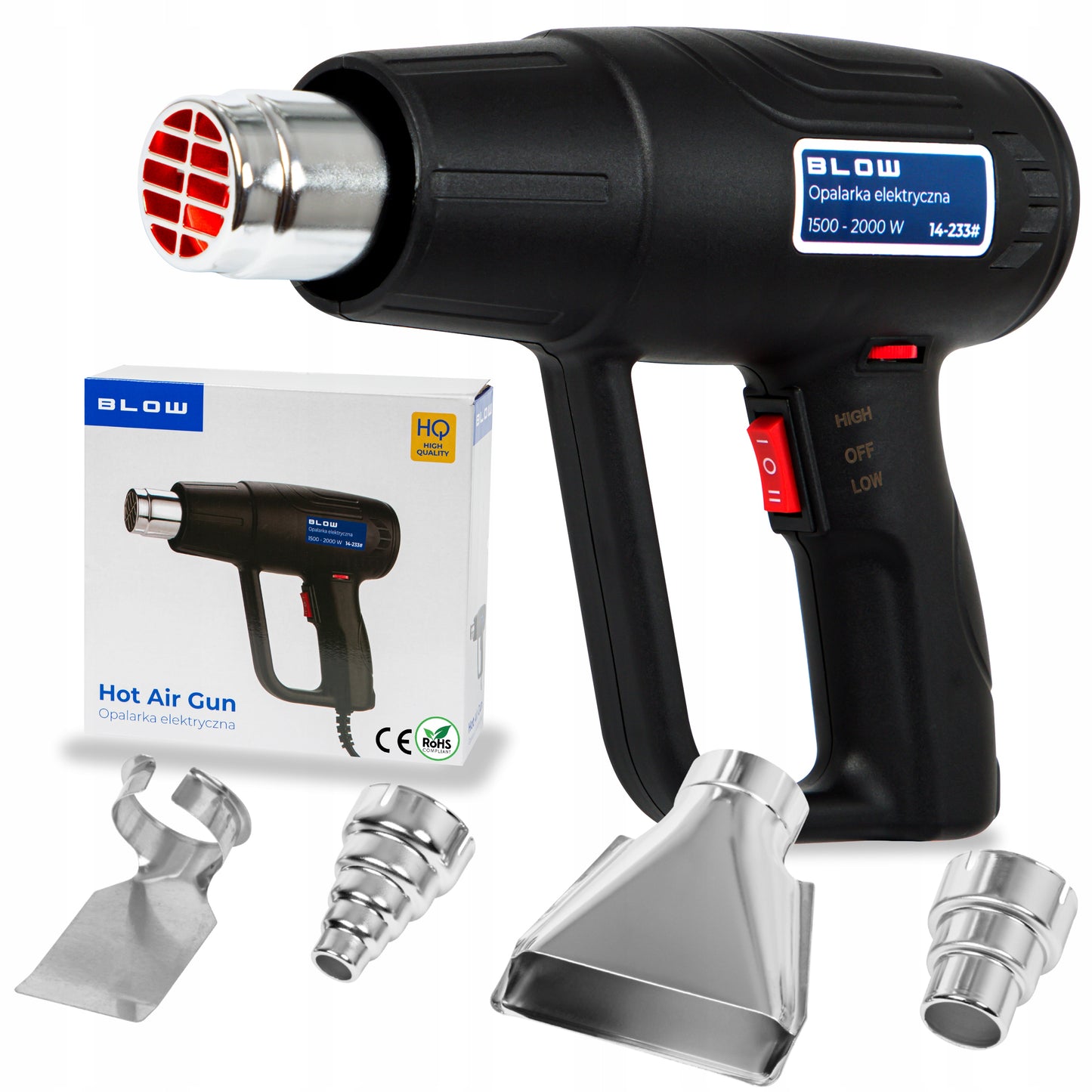 Elektrinis karšto oro pūtiklis 2000W, reguliuojamas, 230V, 2 greičiai, 100-600°C, galingas + 4 antgaliai
