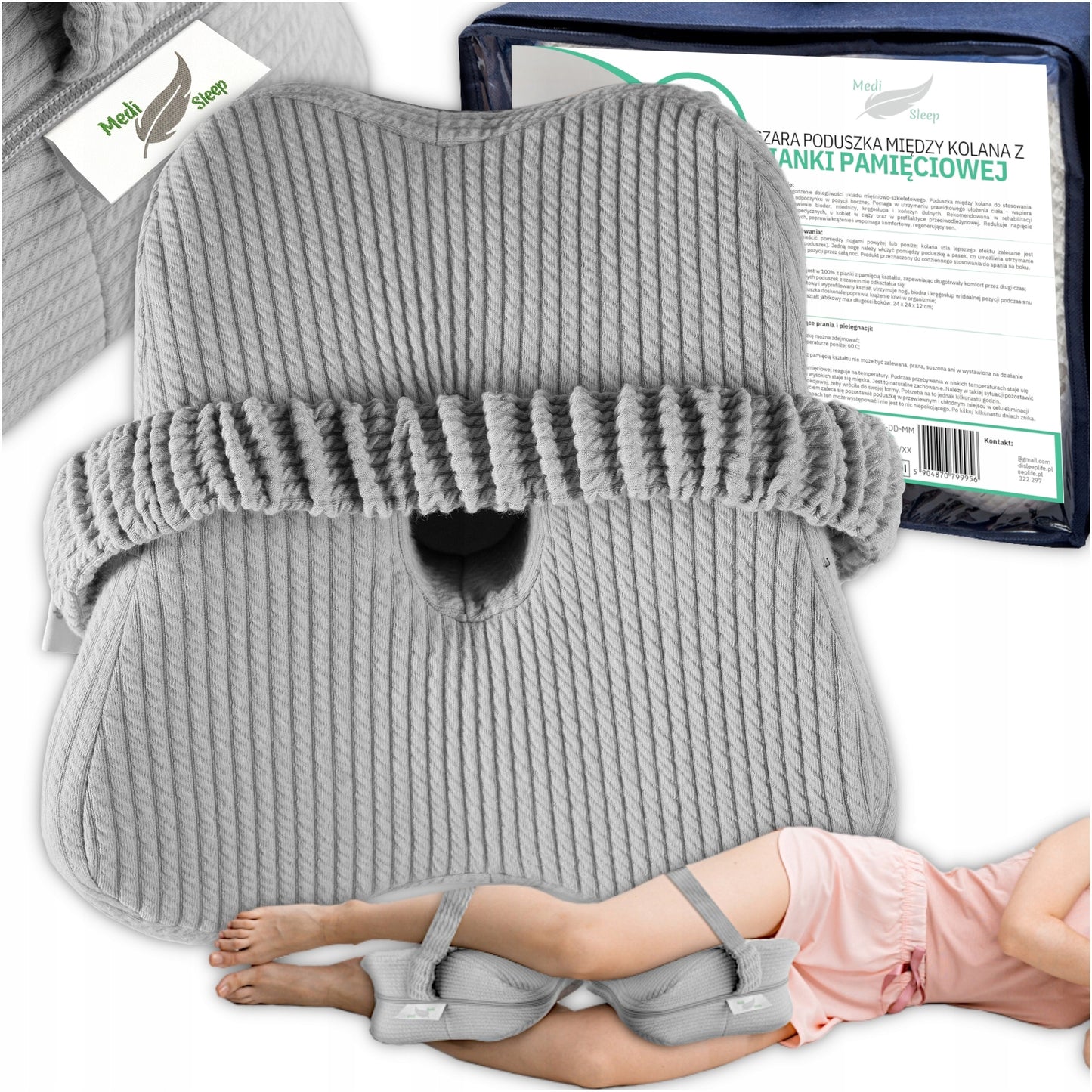 Ortopedinė miego pagalvė memory, pleištas po kojomis tarp kelių, pilka