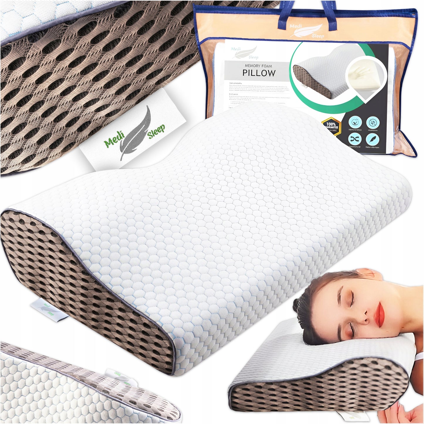 Ortopedinė pagalvė šoniniam ir pilvo miegui, profiliuota iš memory putų.