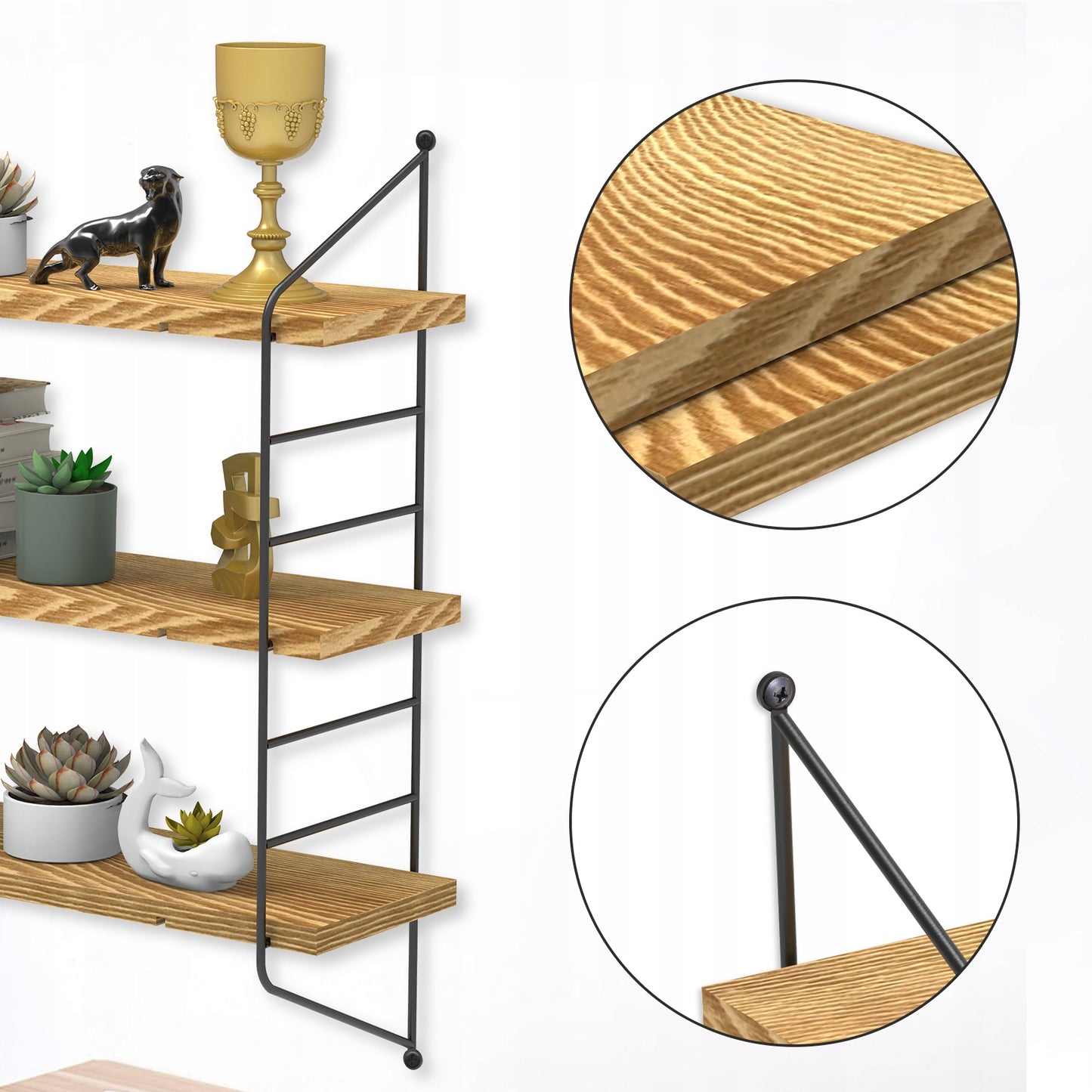 Juoda metalinė loft stiliaus kabanti lentyna svetainei ant sienos