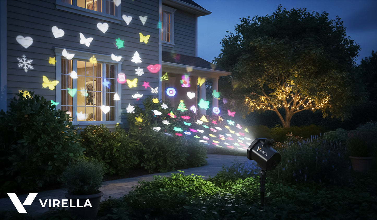 LAUKO KALĖDINIS LAZERINIS PROŽEKTORIUS ANT NAMŲ 12 KORTELIŲ 48 RAŠTAI