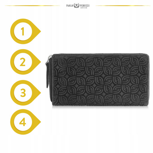 Moteriška odinė piniginė su geometriniu raštu, juoda, vintažinė, Paolo Peruzzi