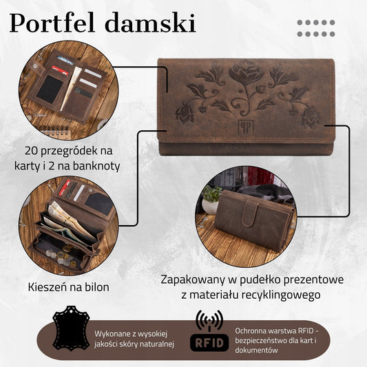 Moteriška odinė piniginė Paolo Peruzzi vintage, su reljefinėmis gėlėmis, RFID