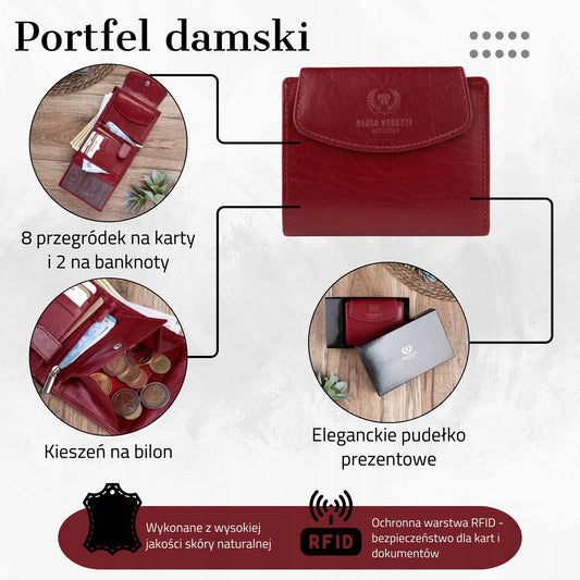 Moteriška odinė raudona, madinga piniginė DOVANŲ su RFID PAOLO PERUZZI